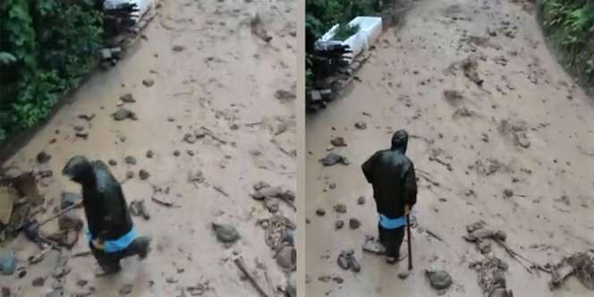 Video Momen Mencekam Pria Nyaris Digulung Banjir Bandang