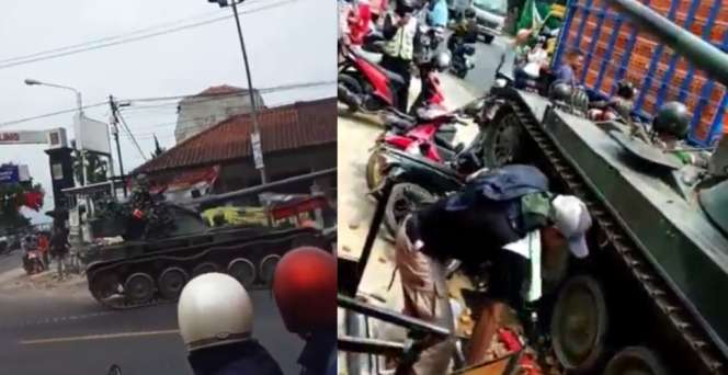 Video detik-Detik Tank TNI Hilang Kendali Lindas Gerobak dan Sepeda Motor