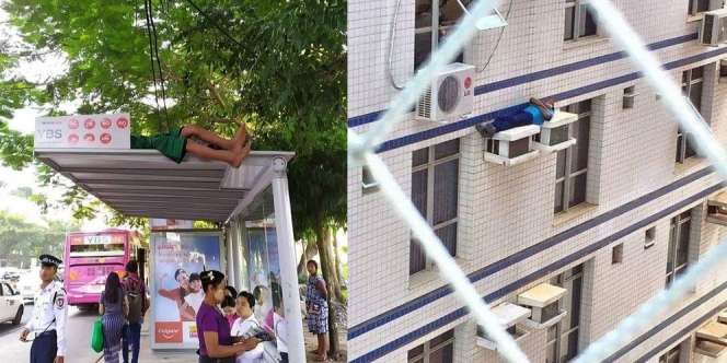 7 Foto Orang Tertidur di Tempat Nyeleneh, Bikin Jantung Copot