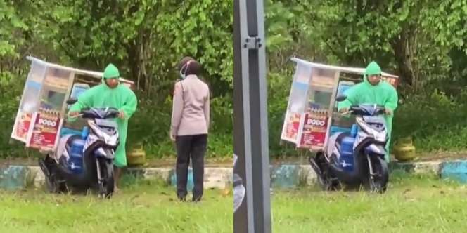 Aksi Mulia Polwan Iba Lihat Penjual Burger Kehujanan Akibat Motor Mogok