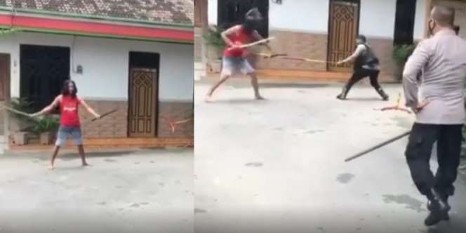Viral Pria Gondrong Bersamurai Tantang Duel Polisi