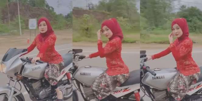 Video Aksi Gadis Cantik Berkebaya Merah Ngebut Pakai Motor Viral