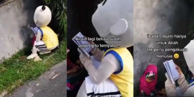 Momen Haru Badut Upin Duduk Hadap Tembok di Pinggir Jalan Baca Alquran