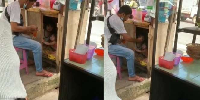 Sibuk Sendok Minuman, Ayah PKL Ternyata Suapi Anak di Kolong Lapak Dagang