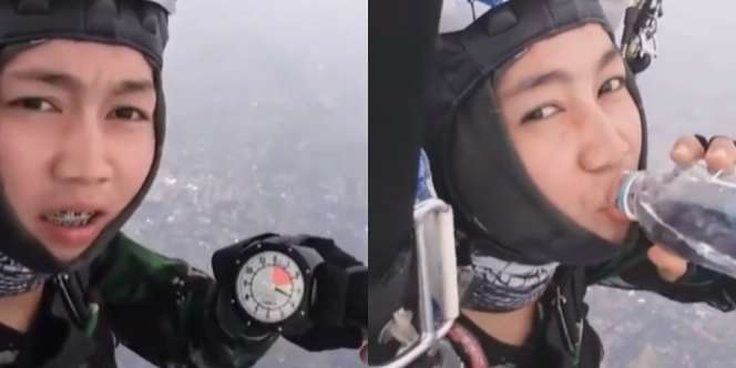 Viral Momen Prajurit Wanita Terjun Payung Sambil Minum