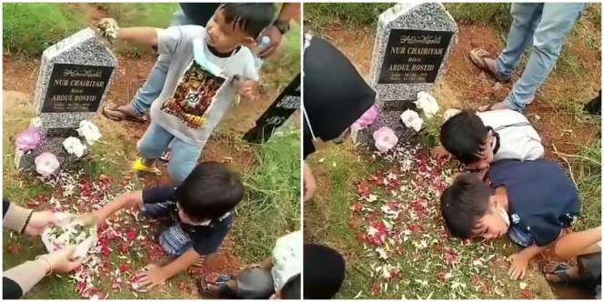 Nyesek Banget, Anak Peluk Makam Ibunya: Assalamu'alaikum, Mama Lagi Ngapain?