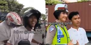 Tingkah Konyol Pemotor Berhenti di Tengah Jalan demi Selfie Bareng Polwan Cantik