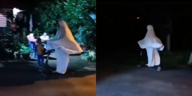 Emak-Emak Bermukena Pakai Skuter Listrik di Gelap Malam, yang Lihat Auto Kabur