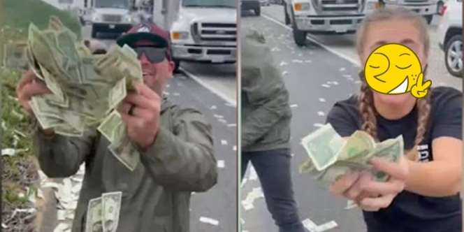 Pintu Mobil Pengangkut Uang Terbuka, Duit Dolar Berhamburan Jadi Rebutan Pengguna Jalan