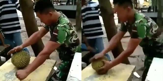 Duh Bikin Ngilu, Prajurit TNI Ini Pecahkan Durian Dengan Cara Tak Terduga!