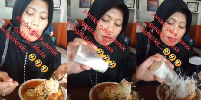 Emak-Emak Banyak Gaya Makan Bakso, Tuang Garam Malah Tumpah Semua