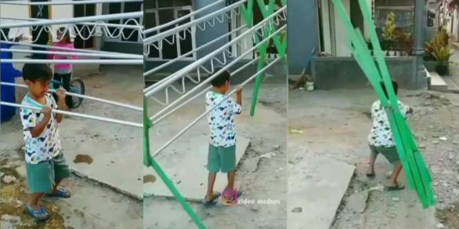Mau Ngakak Tapi Kasihan, Aksi Bocah Banyak Gaya Malah Berakhir Kejepit Jemuran