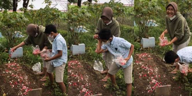 Tingkah Anak di Makam Ibunda Bikin Perasaan Warganet Campur Aduk