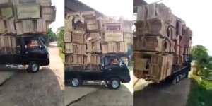 Aksi Sopir Pikap Bawa Tumpukan Mebel Menggunung Bikin Syok, Netizen: Takut Terjatuh, Tak Bisa Bangkit Lagi
