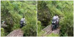 Nekat Nyeberang Jembatan Reyot Pakai Motor Gede, Endingnya Bikin Syok