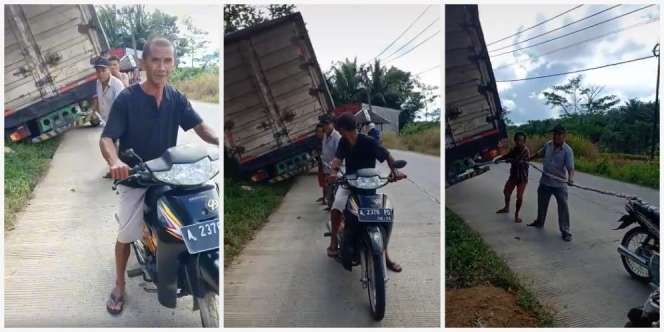 Aksi Kakek Tolong Truk Nyungsep Pakai Sepeda Motor Bebek Jadul Bikin Ngakak: Kekuatan 'Supranatural'