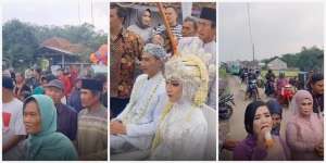 Heboh Acara Sawer Pengantin di Tengah Jalan Desa, Kendaraan Antre Lewat Auto Macet!
