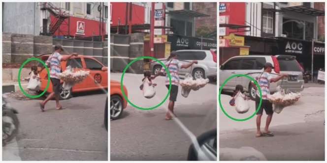 Mengharukan! Pedagang Kerupuk Keliling Ini Jualan Sambil Momong Anak dengan Dipikul