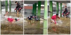 Videonya Ditonton 41 Juta Kali, 3 Pemuda Apes Terpeleset Lantai Parkiran Licin: Yang Kaos Merah Ekstrem Banget