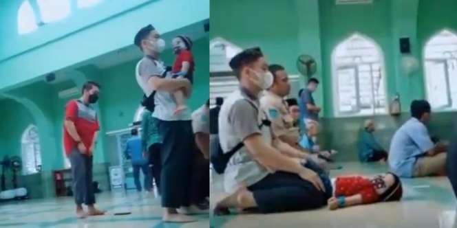 Momen Ayah Muda Sholat di Masjid Sambil Gendong Anak Bikin Mata Netizen Adem Lihatnya