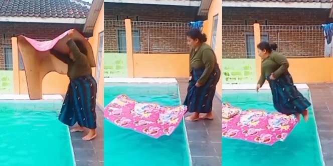 Video Emak-Emak Ikut Tren Gelar Tikar dan Rebahan di Atas Kolam, Endingnya Malah Ngakak, Netizen: Tsunami Datang