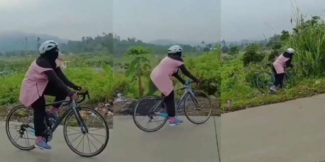 Lagi Santuy Gowes Healing di Jalanan Rata, Emak-Emak Malah Nyungsep: 'Lemes Gak Sahur'