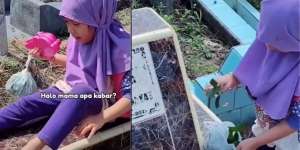 Aksi Bocah Perempuan Saat Kunjungi Makam Ibunya Bikin Terenyuh, Bawa Bunga dan Ajak Bermain