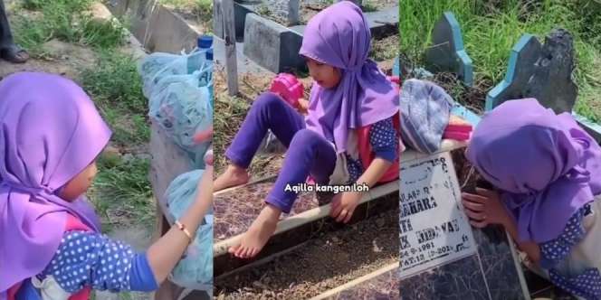 Momen Pilu Gadis Cilik Bawa Mainan Rias di Pusara Ibu: `Pengen Dandanin Mama Deh`