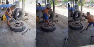 Viral Bocah Kerja Jadi Tukang Tambal Ban Truk, Warganet: Tertampar Lihatnya