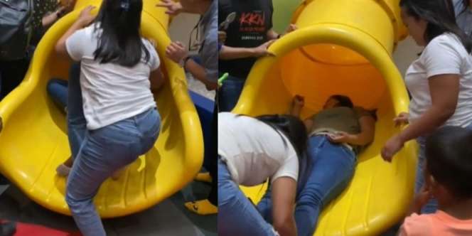 Cewek Kelebihan Berat Badan Main Perosotan Anak, Eh Kakinya Nyangkut Bikin Malu, Netizen: 'Auto Pura-Pura Pingsan'