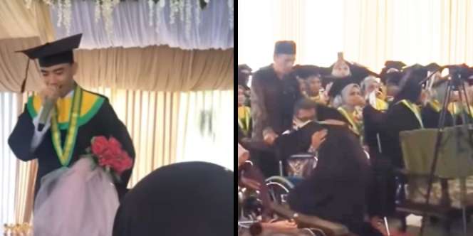 Momen Haru Wisudawan Beri Bunga dan Bernyanyi untuk Ayahnya yang Duduk di Kursi Roda, Bikin Hadirin Satu Gedung Nangis