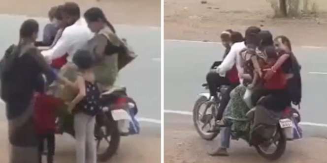 Bikin Deg-degan, Bapak Ini Bonceng 6 Anggota Keluarganya Sekaligus dengan Satu Motor
