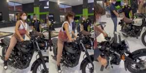Apes! Lagi Nyoba Motor Display di Pameran, Cewek Cantik Malah Jatuh, Netizen: 'Belum Beli Udah Ganti Rugi'