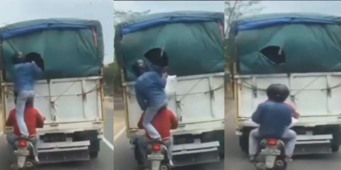 Ngeri! Aksi 'Bajing Loncat' Terekam Kamera, Gasak Barang dari Bak Truk Meski Nyawa Jadi Taruhan