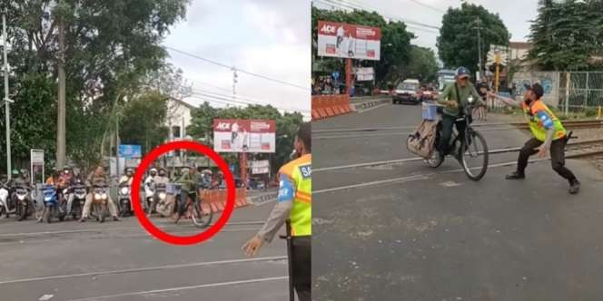 Detik-Detik Kakek Pembawa Sepeda Hampir Terlindas Kereta Api, Aksi Penyelamatan dari Petugas Jadi Sorotan