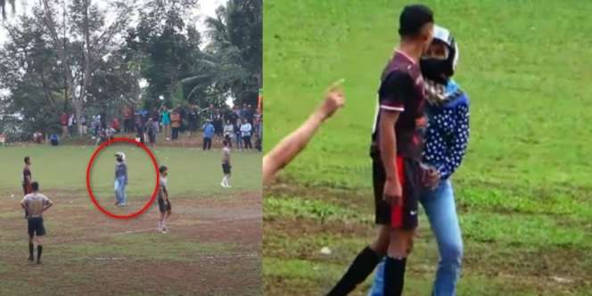 Lagi Tanding Bola Tarkam, Pemain Ini Didatangi Ceweknya yang Langsung Nyelonong ke Dalam Lapangan