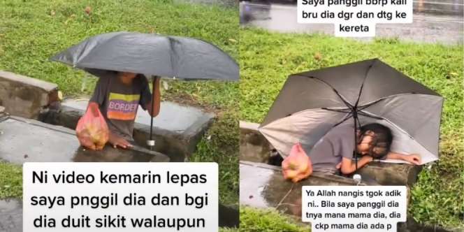 Dagangan Sepi Akibat Hujan, Bocah Penjual Mangga Ini Sampai Tertidur di Selokan