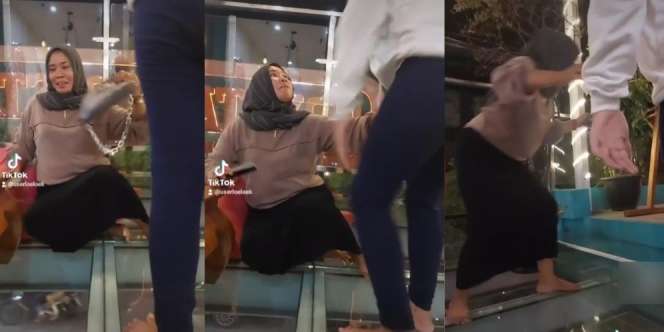 Aksi Ngakak Emak-emak Berjalan di Balkon Berlantai Kaca, Gemetaran Sampai Ngesot Saking Takutnya