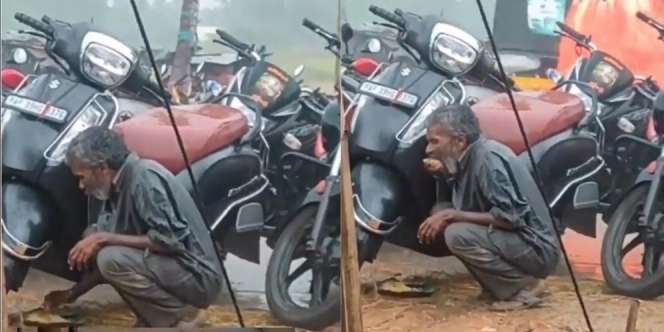 Makan di Bawah Guyuran Hujan Deras, Aksi Kakek Ini Bikin Terenyuh