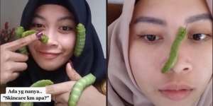 Potret Emak-emak Asyik Bermain Ulat Hingga Berani Taruh di Wajah. Aksinya Bikin Merinding!