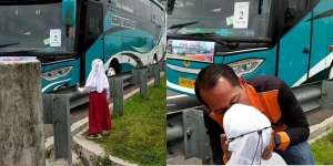 Demi Peluk dan Cium, Putri Sopir Bus Ini Rela Mematung di Tepi Jalan Menunggu Ayahnya
