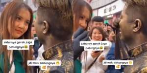 Endingnya Nggak Tahan Juga, Manusia Patung Akhirnya Bergerak Digoda Wanita Cantik