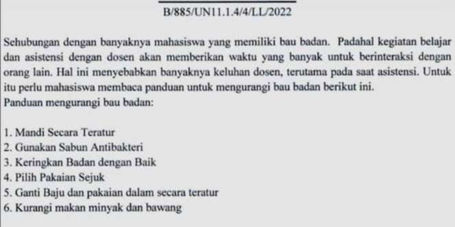 Viral Dosen USK Keluhkan Bau Badan Mahasiswa, Bikin Surat Panduan Jaga Kebersihan, Khususnya Jurusan Arsitektur dan Teknik