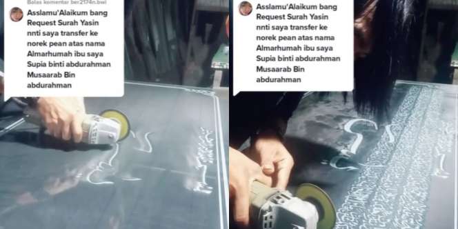 Skill Tingkat Dewa, Pria Ini Tulis Kaligrafi Surat Yasin Pakai Mesin Gerinda