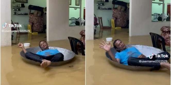 Rebahan di Kuali Besar Rumah Terendam Banjir, Pria Ini Serasa Lagi Liburan