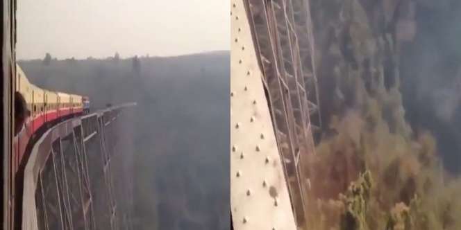 Video Kereta Lewati Jembatan 'Shiratal Mustaqim' di Bibir Jurang, Bikin Panas Dingin
