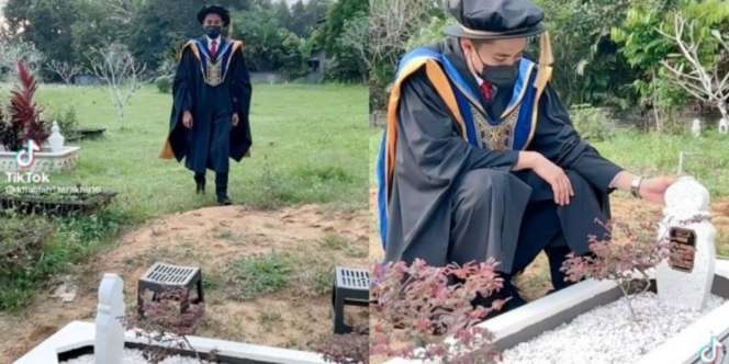 Masih Pakai Toga, Tangis Pria Ini Pecah Saat Pegang Ijazah S3 di Samping Makam Ibu