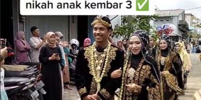 Viral Pernikahan Wanita Kembar 3 bak Nikah Massal, Antre Naik Pelaminan