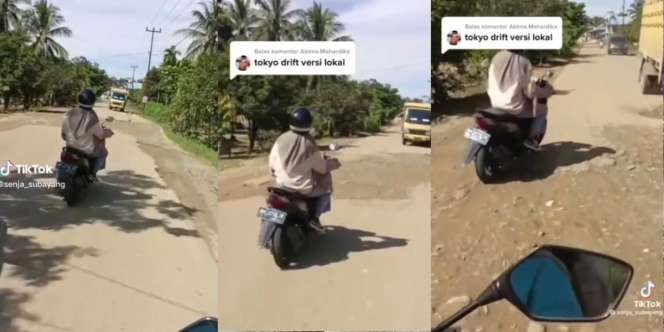 Aksi Nekat Cewek Naik Motor Matik Reyot: Serasa Lagi Ngedrift yang Nonton Sampai Pasang Kepala Miring