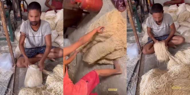 Video Pembuatan Mi Jorok Ini Bikin Mual: Dilempar ke Lantai Kotor Habis Diinjak Kaki, Dipanggul Bahu Keringetan, Dimakan Banyak Orang
